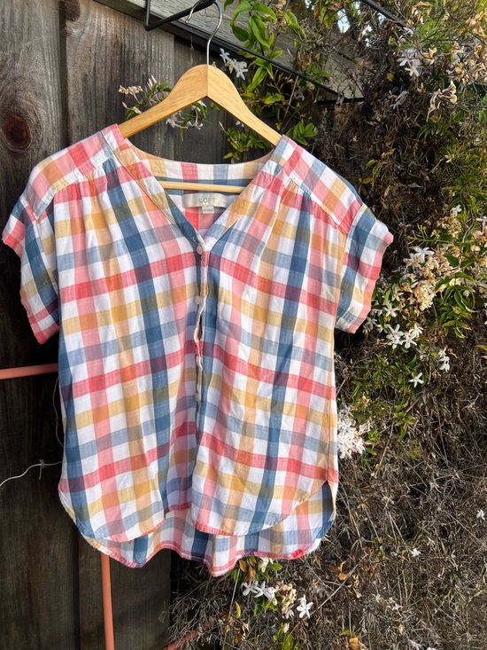 LOFT Tops - LOFT Plaid Short-Sleeve Button Blouse – Red, Blue, Yellow, Cream